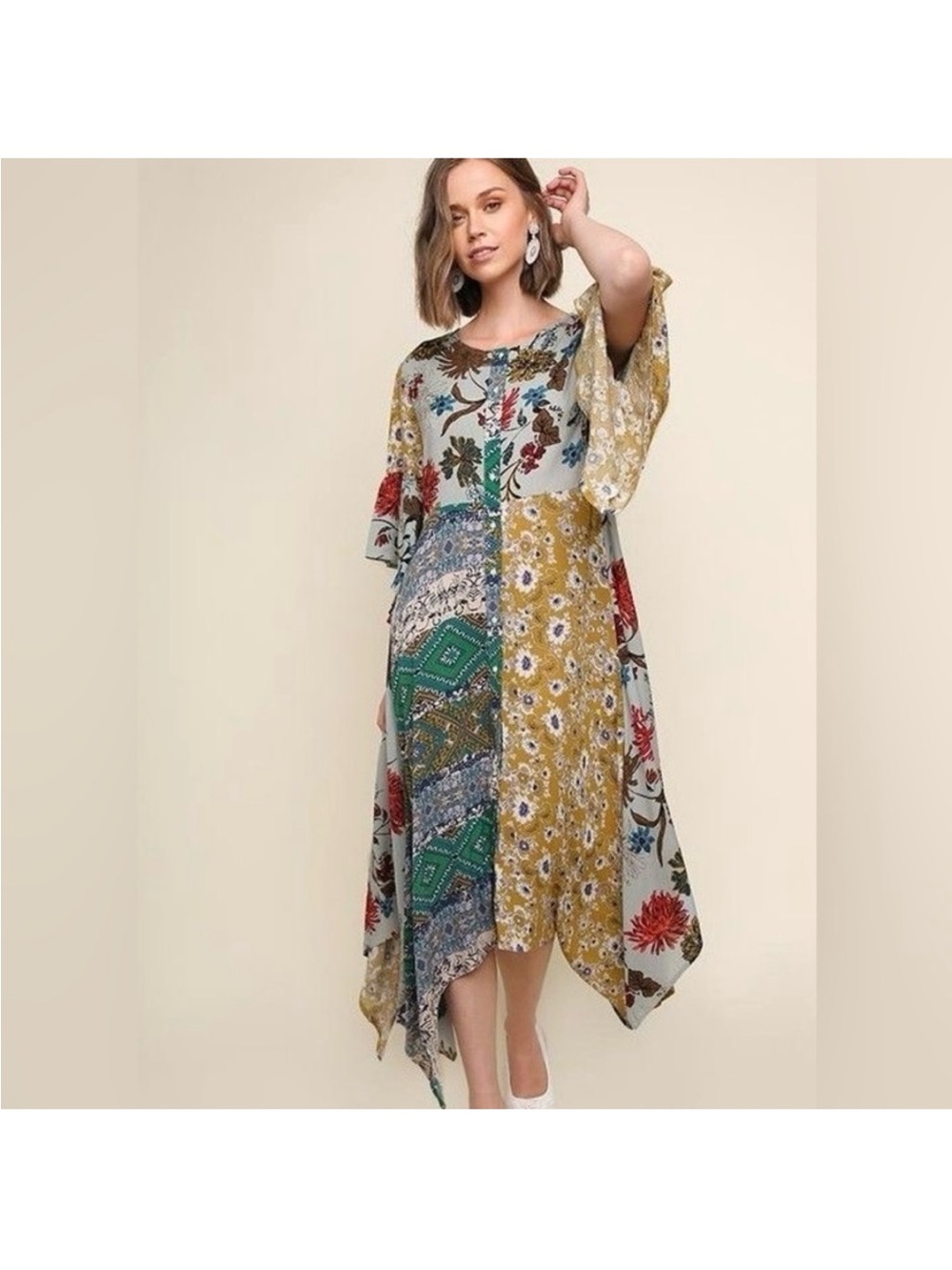 Umgee Patchwork Floral Midi Dress Handkerchief Hem Medium Bell Sleeve Boho